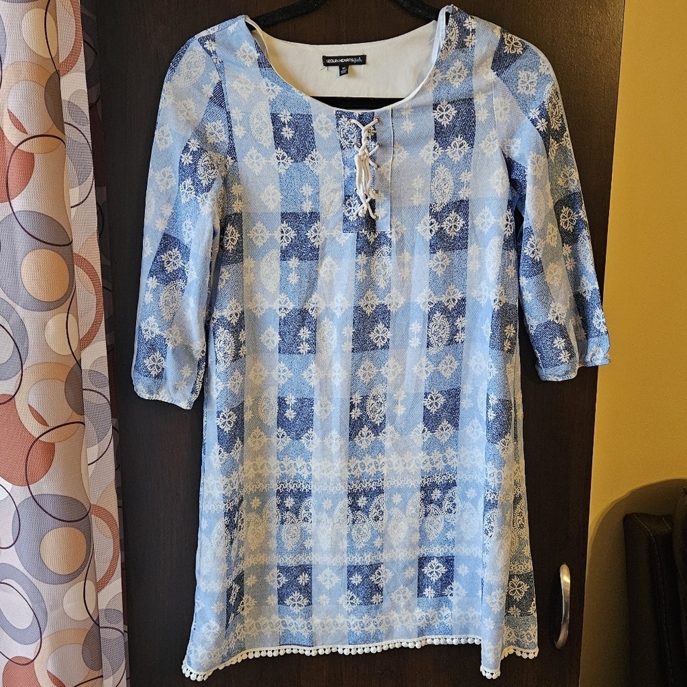 Sequin Hearts Blue and White Dress With Lace-Up Neck Design